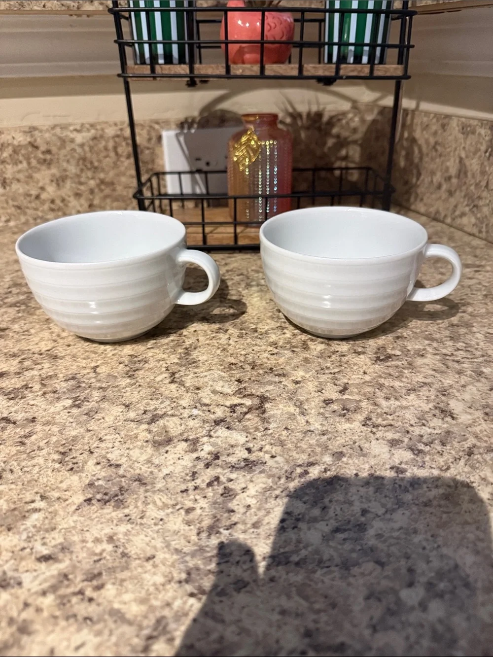 Set of 2 Crate and Barrel Roulette White Spal Porcelain Ribbed Cups